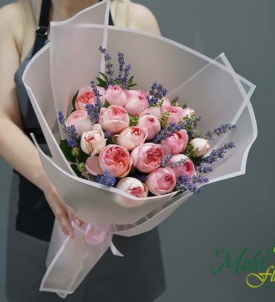 Bouquet with peony roses and lavender photo 394x433